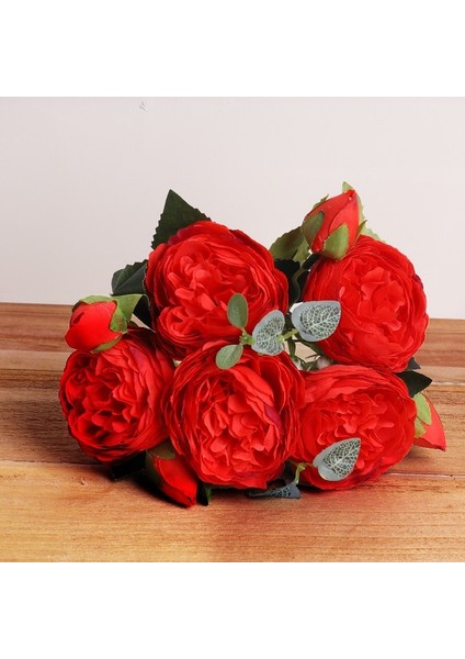 Kırmızı 30 cm Gül Pembe Ipek Buket Şakayık Yapay Çiçekler 5 Büyük Kafalar 4 Küçük Tomurcuk Gelin Düğün Ev Dekorasyon Sahte Çiçekler Sahte (Yurt Dışından)