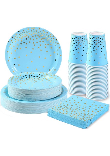 STRAW-25PCS Düğün Bronzlaştırıcı Puantiyeli Mavi Sofra Seti Kağıt Bardak Kağıt Tabak Tek Kullanımlık Sofra Doğum Günü Partisi Malzemeleri Dekorasyon (Yurt Dışından)