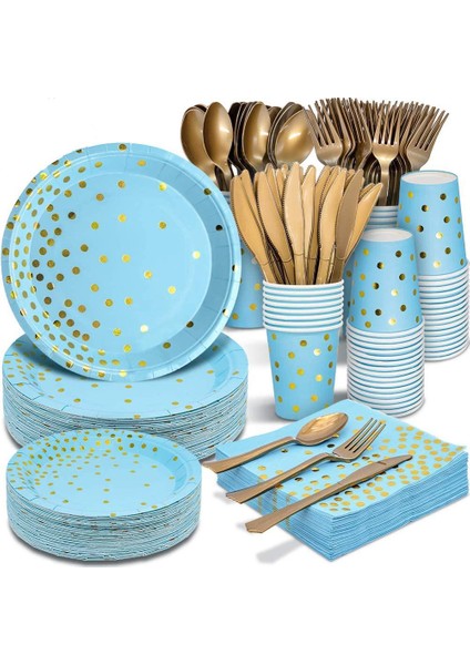 STRAW-25PCS Düğün Bronzlaştırıcı Puantiyeli Mavi Sofra Seti Kağıt Bardak Kağıt Tabak Tek Kullanımlık Sofra Doğum Günü Partisi Malzemeleri Dekorasyon (Yurt Dışından)