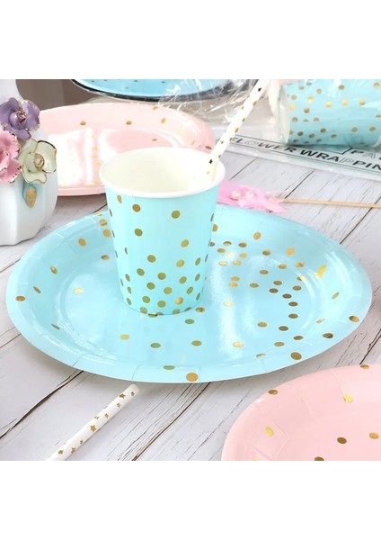STRAW-25PCS Düğün Bronzlaştırıcı Puantiyeli Mavi Sofra Seti Kağıt Bardak Kağıt Tabak Tek Kullanımlık Sofra Doğum Günü Partisi Malzemeleri Dekorasyon (Yurt Dışından)