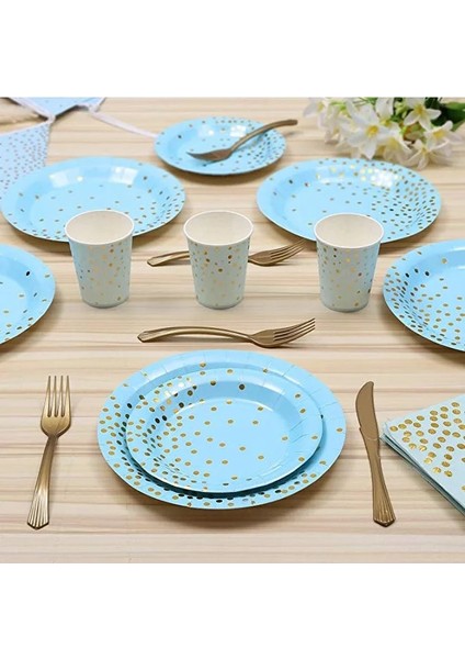 STRAW-25PCS Düğün Bronzlaştırıcı Puantiyeli Mavi Sofra Seti Kağıt Bardak Kağıt Tabak Tek Kullanımlık Sofra Doğum Günü Partisi Malzemeleri Dekorasyon (Yurt Dışından)