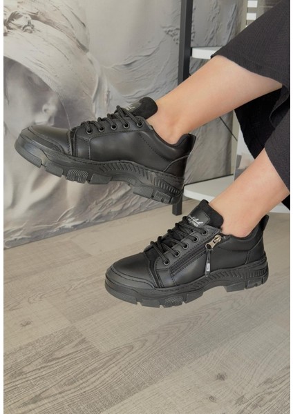 Siyah Suni Deri Bağcıklı Kadın Sneaker Ayakkabı modelleri