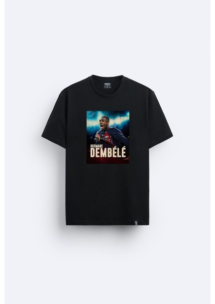 Futbolcu Ousmane Dembélé Baskılı Bisiklet Yaka Normal Kalıp Siyah Tişört T-Shirt