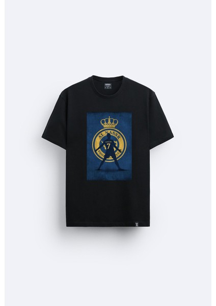 Al Nassr Ronaldo Baskılı Bisiklet Yaka Normal Kalıp Siyah Tişört T-Shirt