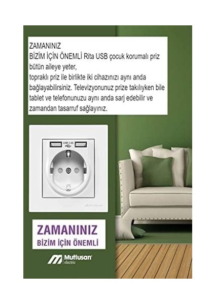 Çift Usb'li Topraklı Priz (2.4A Hızlı Şarj+Çocuk Koruma)