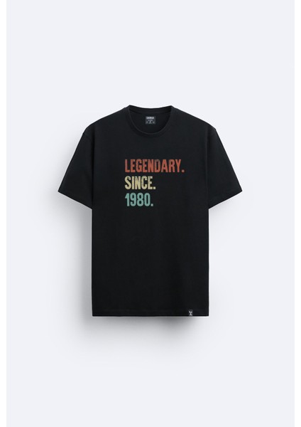 Vintage Since 1980 Baskılı Bisiklet Yaka Normal Kalıp Siyah Tişört T-Shirt