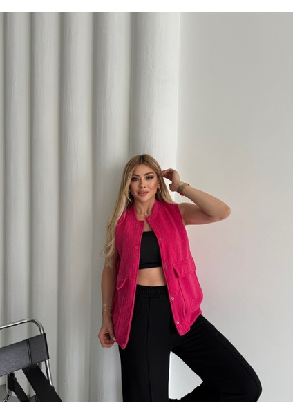 Buketli Kadın Kapitone Çıt Çıtlı Yelekli Kontras Renk Pantolonlu Alt - Üst Ikili Takım