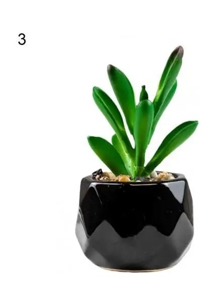 Stil 3 Siyah Seramik Saksı Mini Yapay Yeşil Succulents Bitki Bonsai Seti Sahte Çiçek Vazo Ev Balkon Dekor Masaüstü Süsleme (Yurt Dışından)