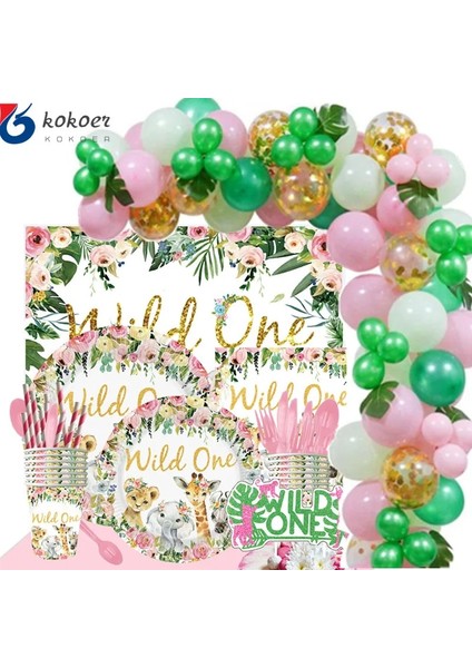 1 Takım Pembe Vahşi Bir Doğum Günü Partisi Balon Jungle Safari Parti Orman Dekorasyon Kız Ilk 1st Doğum Günü Safari Jungle Parti Malzemeleri (Yurt Dışından)