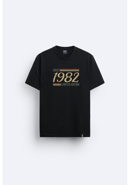 Vintage 1982 Baskılı Bisiklet Yaka Normal Kalıp Siyah Tişört T-Shirt