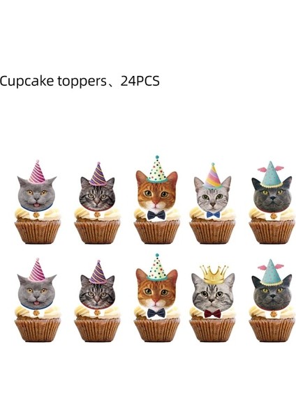 24 Adet Kek Topper Yavru Parti Malzemeleri Set Kağıt Tabaklar Bardaklar Öğle Yemeği Peçeteler Kedi Doğum Günü Partisi Süslemeleri Pençe Kedi Çocuklar Tek Kullanımlık Sofra Takımları (Yurt Dışından)
