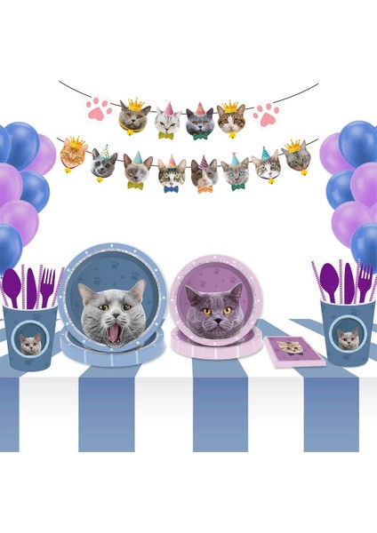 24 Adet Kek Topper Yavru Parti Malzemeleri Set Kağıt Tabaklar Bardaklar Öğle Yemeği Peçeteler Kedi Doğum Günü Partisi Süslemeleri Pençe Kedi Çocuklar Tek Kullanımlık Sofra Takımları (Yurt Dışından)