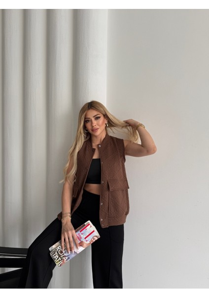 Buketli Kadın Kapitone Çıt Çıtlı Yelekli Kontras Renk Pantolonlu Alt - Üst Ikili Takım