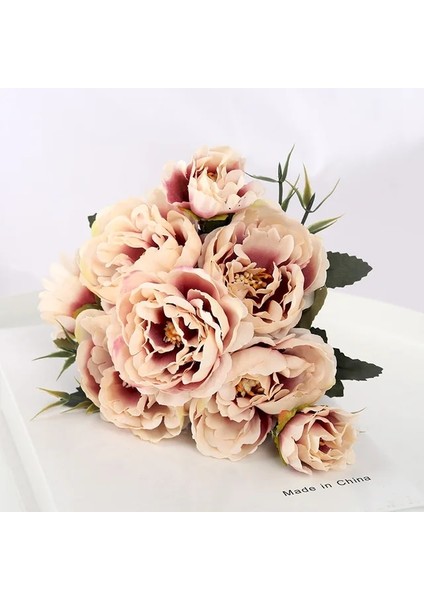 Kahve Rengi Çok Renkli Güzel 5 Büyük Kafa 2 Küçük Tomurcuklar Retro Şakayık Sahte Çiçek Ipek Çiçek Sahte Buket Aile Düğün Dıy Dekorasyon Da (Yurt Dışından)