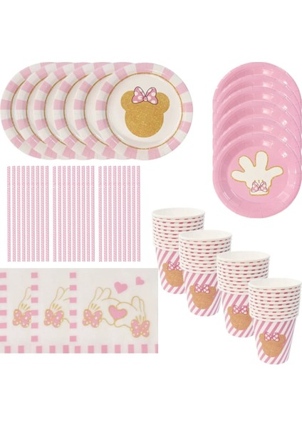 Headband-6pcs Yeni Disney Pembe Minnie Mouse 1. Doğum Günü Partisi Tek Kullanımlık Sofra Dekorasyon Bebek Kızların Favori Parti Dekorasyon Serisi (Yurt Dışından)