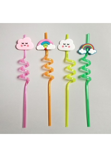 5 Parça Renkli Pipet Seti - Emojili Spiral Kokteyl - Çocuk Pipeti Temizleme Fırçalı
