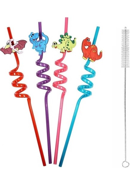 5 Parça Renkli Pipet Seti - Emojili Spiral Kokteyl - Çocuk Pipeti Temizleme Fırçalı