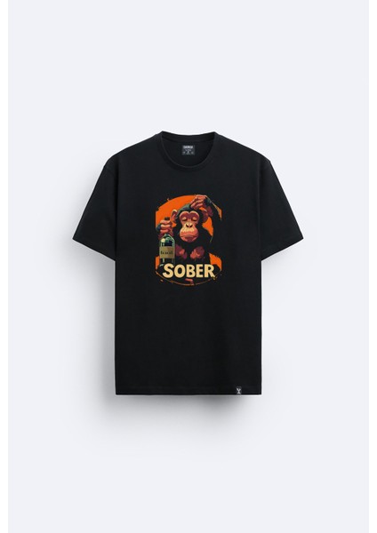 Maymun Monkey Baskılı Bisiklet Yaka Normal Kalıp Siyah Tişört T-Shirt