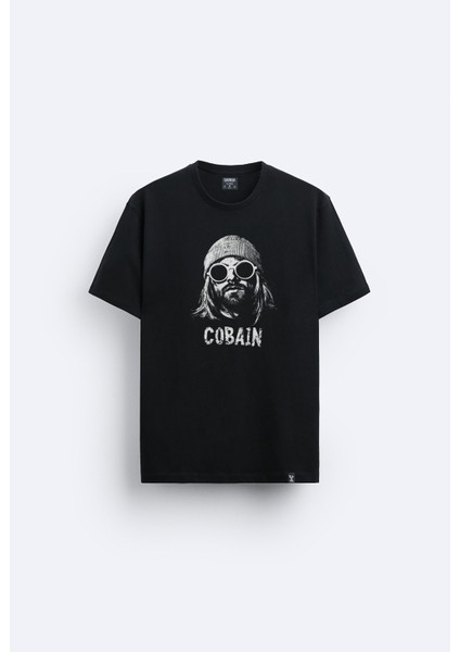 Nirvana Kurt Cobain Baskılı Bisiklet Yaka Normal Kalıp Siyah Tişört T-Shirt