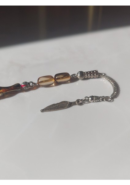 Eskitme Ateş Kehribar Tesbih, 8.5 x 10 mm, Kapsül Kesim, Metal Püskül