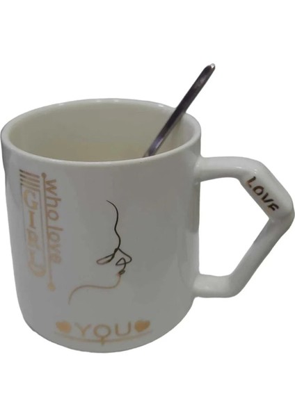 Porselen Kupa Bardak Mug Hediyelik Ürün Metal Kaşıklı Love Aşk Seni Seven 1 Adet