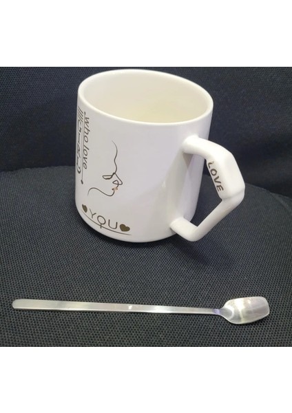 Porselen Kupa Bardak Mug Hediyelik Ürün Metal Kaşıklı Love Aşk Seni Seven 1 Adet