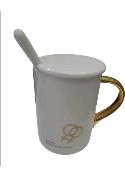 Porselen Kupa Bardak Mug Hediyelik Ürün Metal Kaşıklı Beyaz Gold Rose Sonsuza Dek 1 Adet