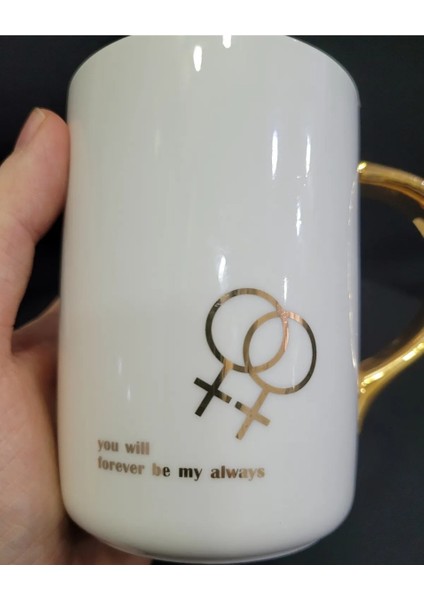 Porselen Kupa Bardak Mug Hediyelik Ürün Metal Kaşıklı Beyaz Gold Rose Sonsuza Dek 1 Adet