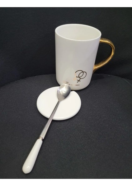 Porselen Kupa Bardak Mug Hediyelik Ürün Metal Kaşıklı Beyaz Gold Rose Sonsuza Dek 1 Adet