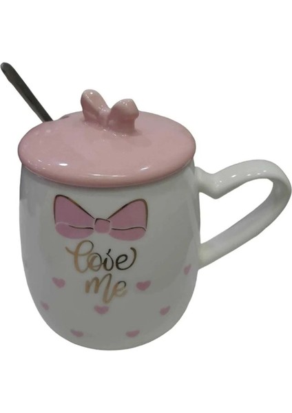 Porselen Kupa Bardak Mug Hediyelik Ürün Metal Kaşıklı Kapaklı Beyaz Pembe 1 Adet