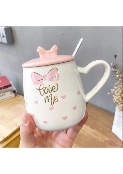 Porselen Kupa Bardak Mug Hediyelik Ürün Metal Kaşıklı Kapaklı Beyaz Pembe 1 Adet
