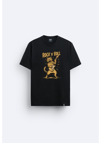 Rock N Roll Baskılı Bisiklet Yaka Normal Kalıp Siyah Tişört T-Shirt