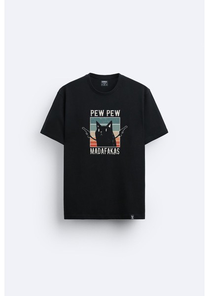 Cat Meow Madafakas Baskılı Bisiklet Yaka Normal Kalıp Siyah Tişört T-Shirt