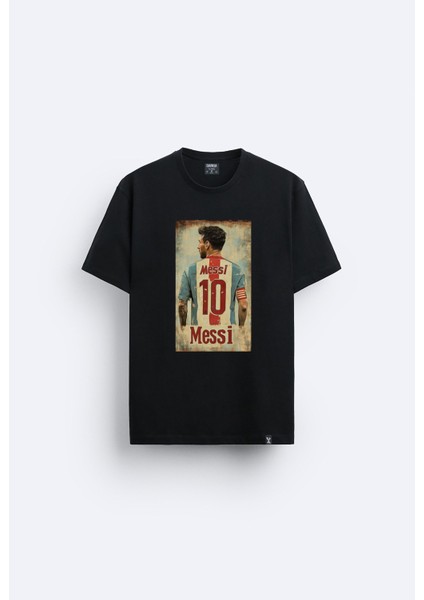 Futbolcu Messi Baskılı Bisiklet Yaka Normal Kalıp Siyah Tişört T-Shirt