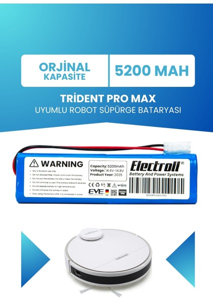 Trident Pro Max Uyumlu Batarya (ORJİNAL KAPASİTE) 5200mah Pil Robot Süpürge Bataryası Değişimi
