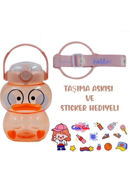 Pipetli Taşıma Askılı Sevimli Ördek Matara 1 Litre Sticker Hediyeli Pembe