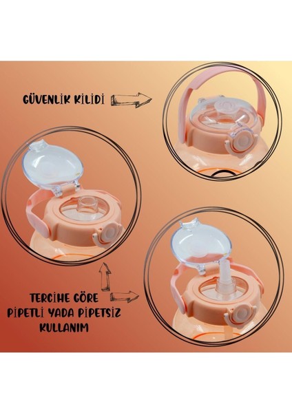 Pipetli Taşıma Askılı Sevimli Ördek Matara 1 Litre Sticker Hediyeli Pembe