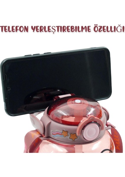 Pipetli Taşıma Askılı Sevimli Ördek Matara 1 Litre Sticker Hediyeli Pembe