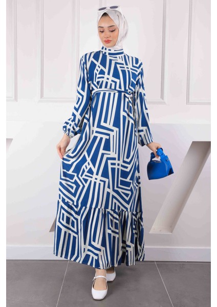 Lacivert Desenli Eteği Katlı Viscon Elbise