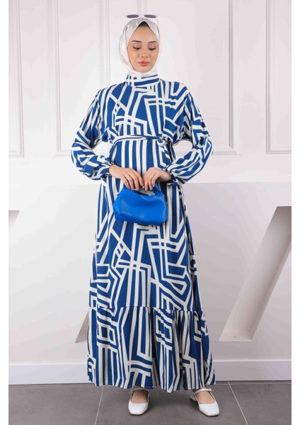 Lacivert Desenli Eteği Katlı Viscon Elbise fiyatları