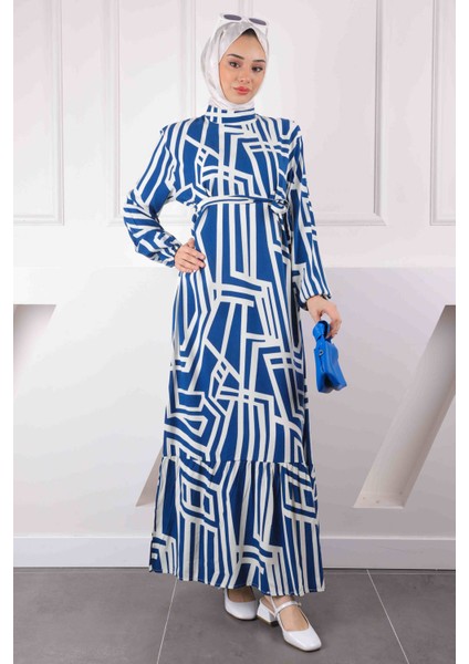 Lacivert Desenli Eteği Katlı Viscon Elbise modelleri