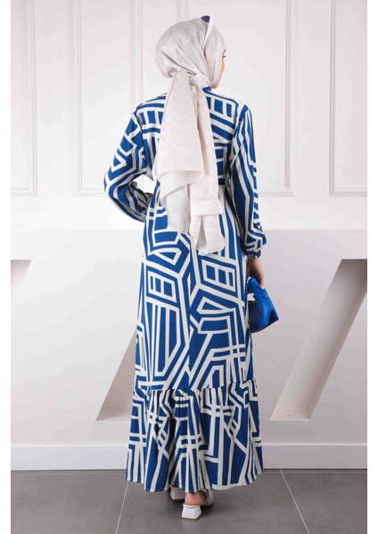 Lacivert Desenli Eteği Katlı Viscon Elbise fırsatları