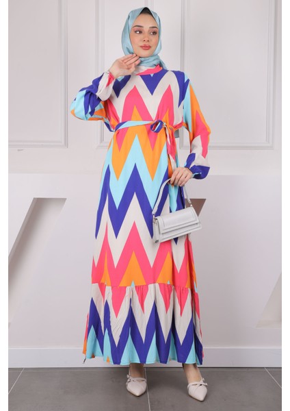 Oranj Fuşya Desenli Eteği Katlı Viscon Elbise