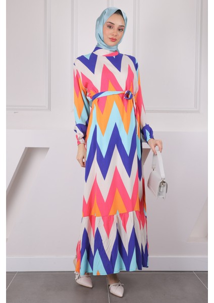 Oranj Fuşya Desenli Eteği Katlı Viscon Elbise fiyatları