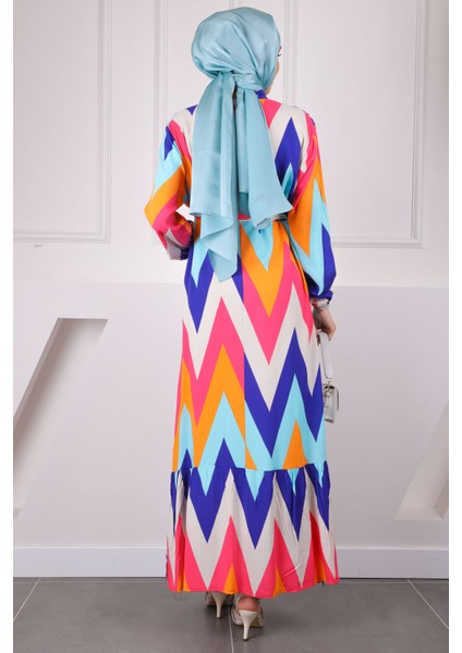 Oranj Fuşya Desenli Eteği Katlı Viscon Elbise modelleri