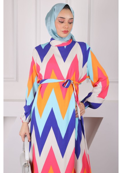 Oranj Fuşya Desenli Eteği Katlı Viscon Elbise fırsatları