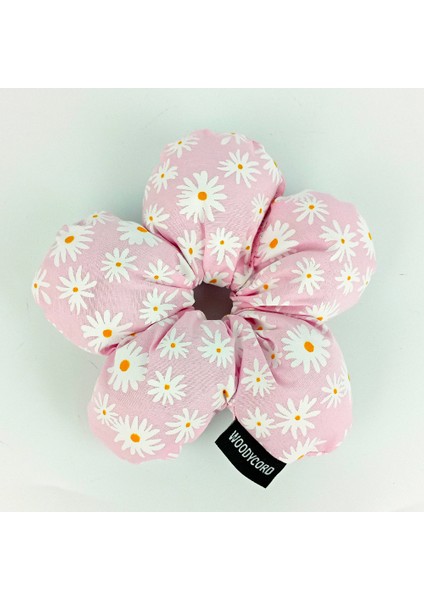 El Yapımı Papatya Desenli Pofuduk Scrunchie Toka - Pembe