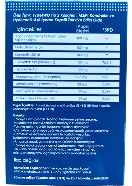Tip 2 Kollajen ve Vitamin Içeren Takviye Edici Gıda 30 Kapsül fiyatları