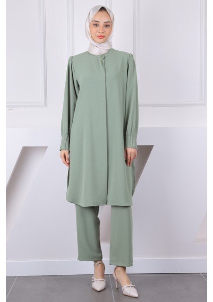 Haki Hakim Yaka Kolu Nervürlü Tunik Pantolonlu Takım