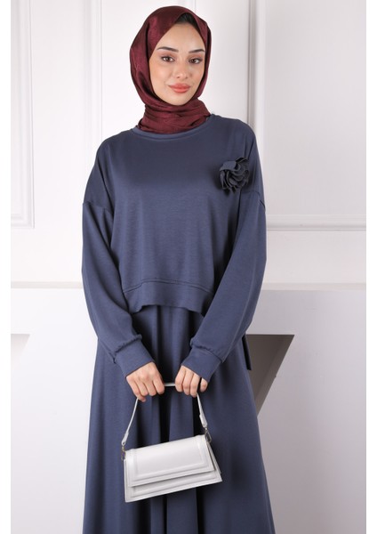 Füme Gül Aksesuarlı Modal Sweat Etekli Takım